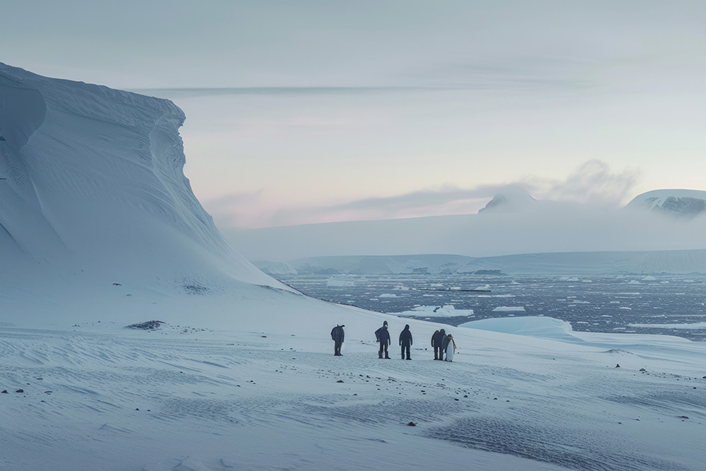 Eine Schnee- und Eislandschaft am Meer. In der Ferne sind mehrere Figuren, Menschen und Pinguine, zu sehen.