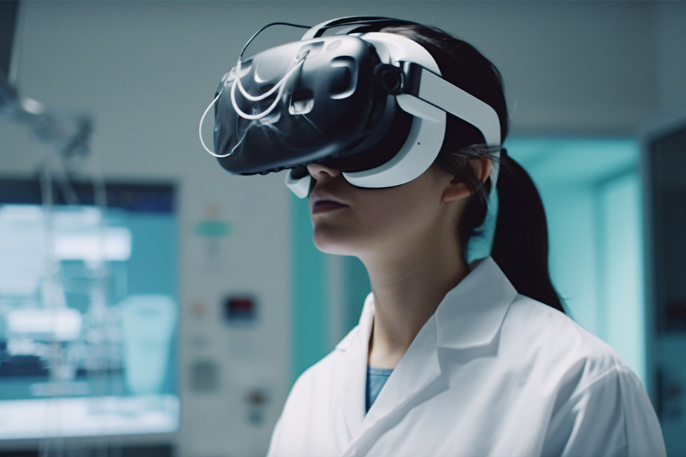 Frau mit VR-Brille in einem Labor.